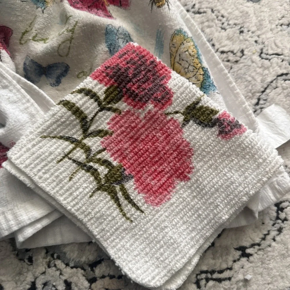 6 Vintage Cotton Floral Kitchen Linens - Towels Crochet Used As Is Cottagecore